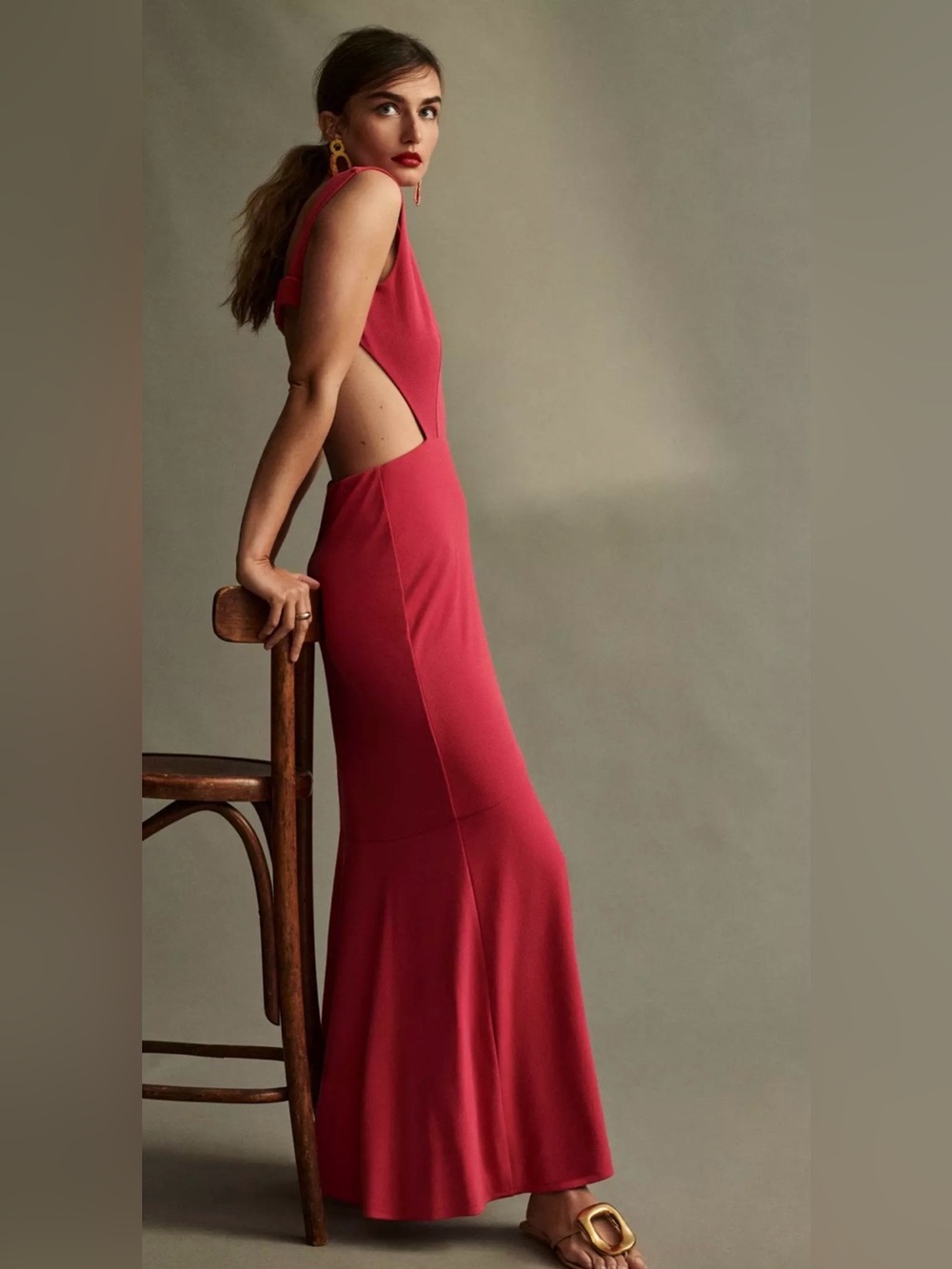 Maeve Anthropologie Red Open Back Ruffle Maxi Dress Romantic Party M